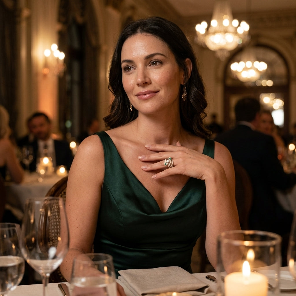 A woman in a dark green satin dress sits at a candlelit restaurant table, wearing a gold ring with emerald on her finger.