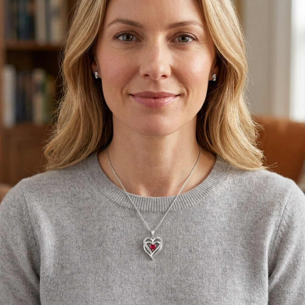 HEART Natural White Diamond and Lab-Created Ruby Pendant in 925 Sterling Silver