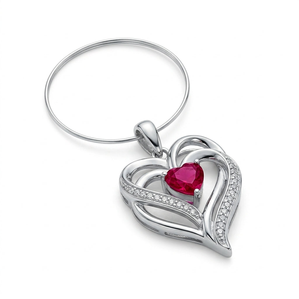 HEART Natural White Diamond and Lab-Created Ruby Wine Glass Charm in 925 Sterling Silver