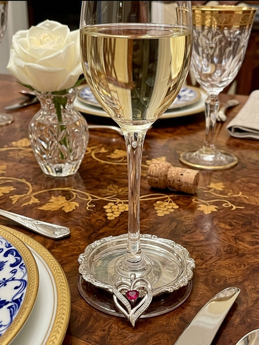 HEART Natural White Diamond and Lab-Created Ruby Wine Glass Charm in 925 Sterling Silver