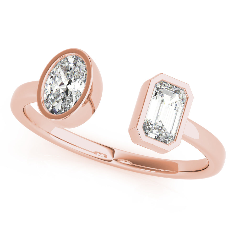 Rose gold ring with two diamond stones on a white background