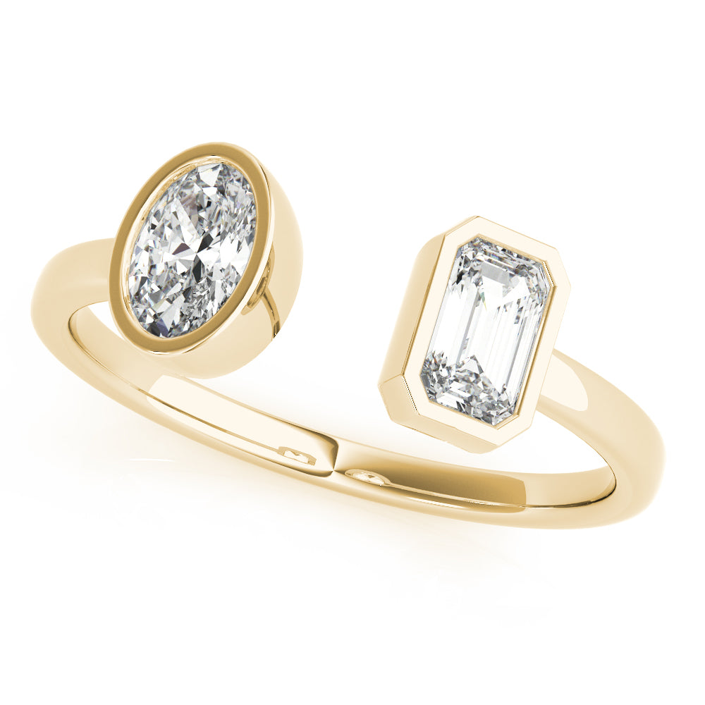 Gold ring with two diamond stones on a white background