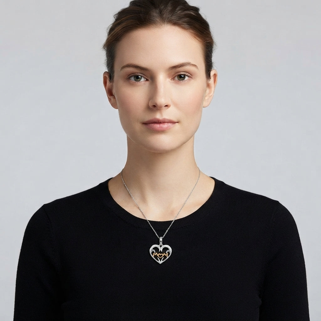 SUPER MOM Natural White Diamond Heart Pendant in Sterling Silver